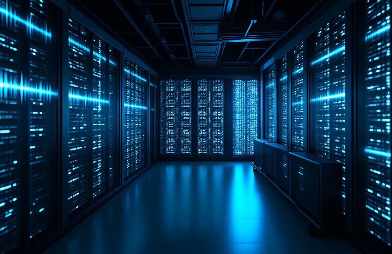 Modern audio production facility with glowing blue lights