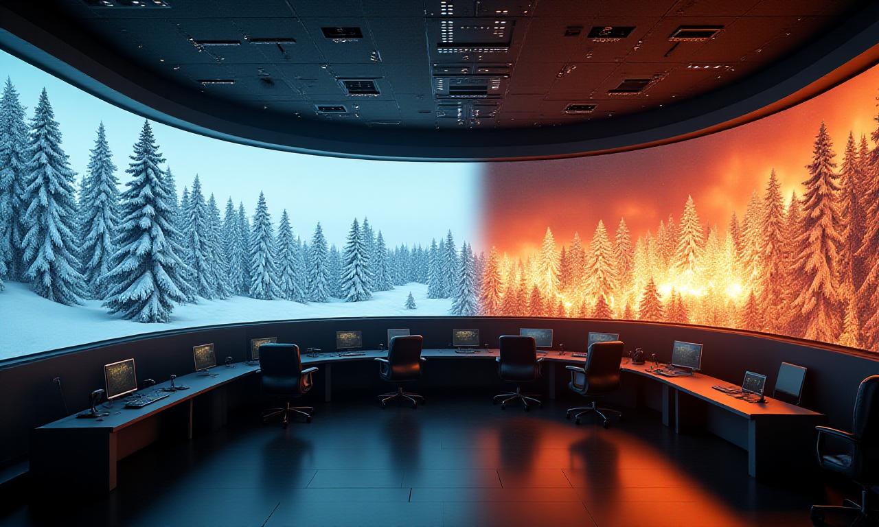 A high-tech control room showing seasonal weather transitions on large digital displays