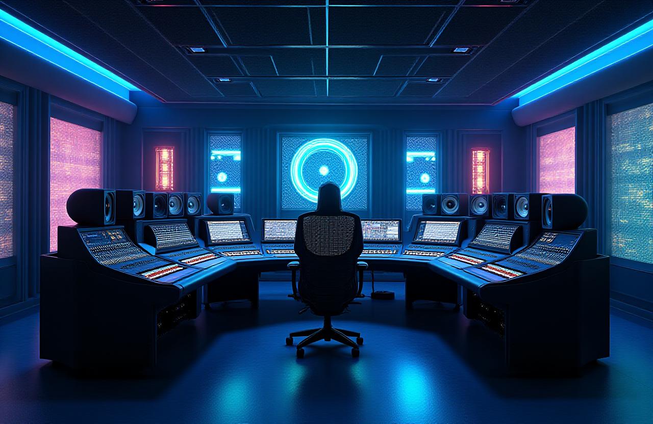 High-end audio engineering studio with digital workstations