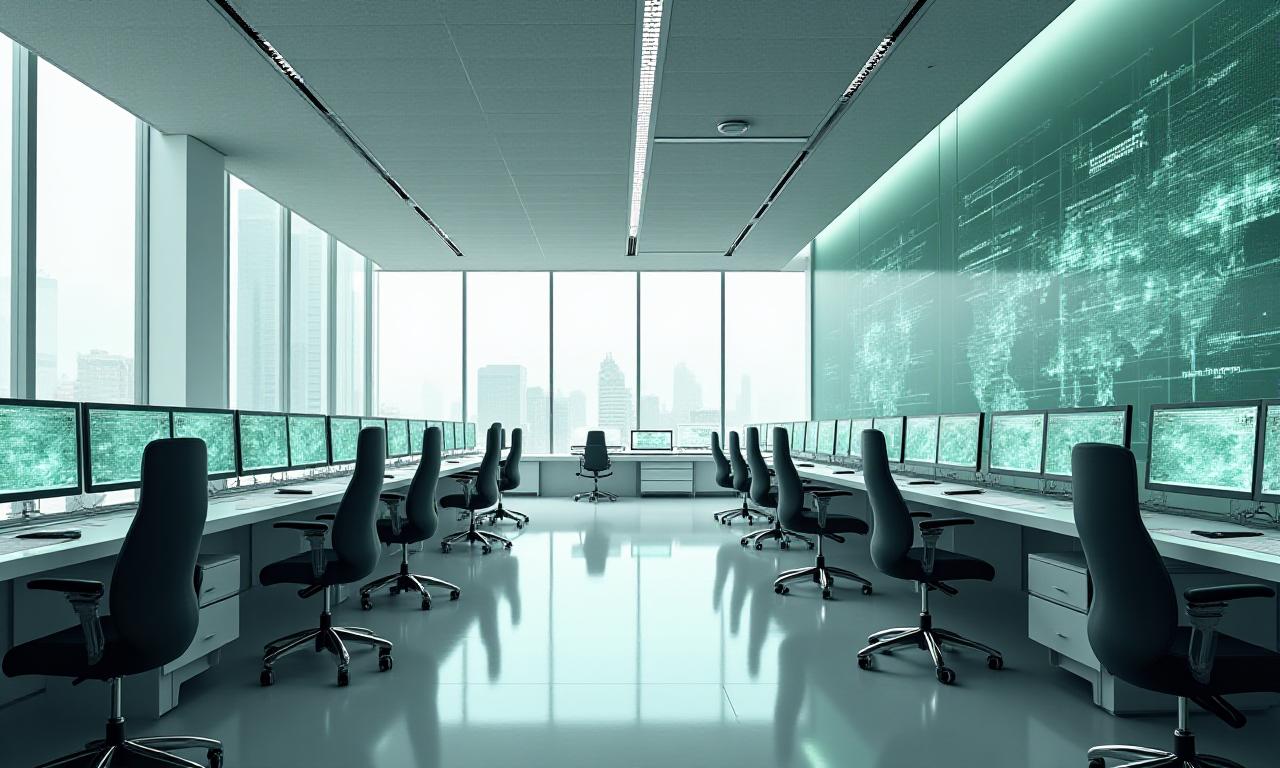 A high-tech crisis response command center with clean minimalist aesthetics